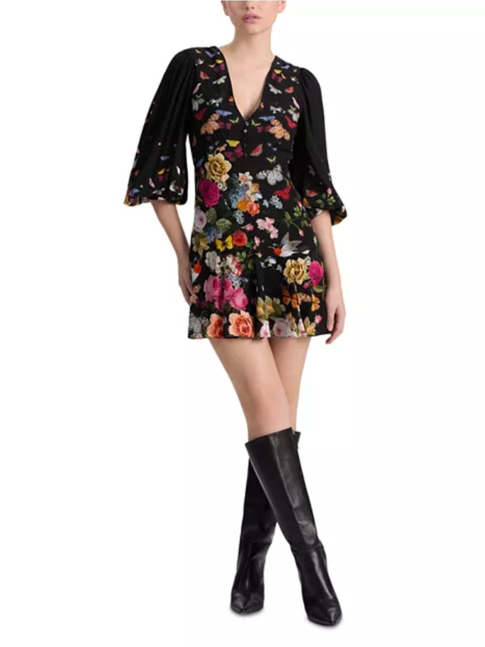 ALICE&OLIVIA Black Floral and butterfly V-Neck Mini Dress with Puff Sleeves